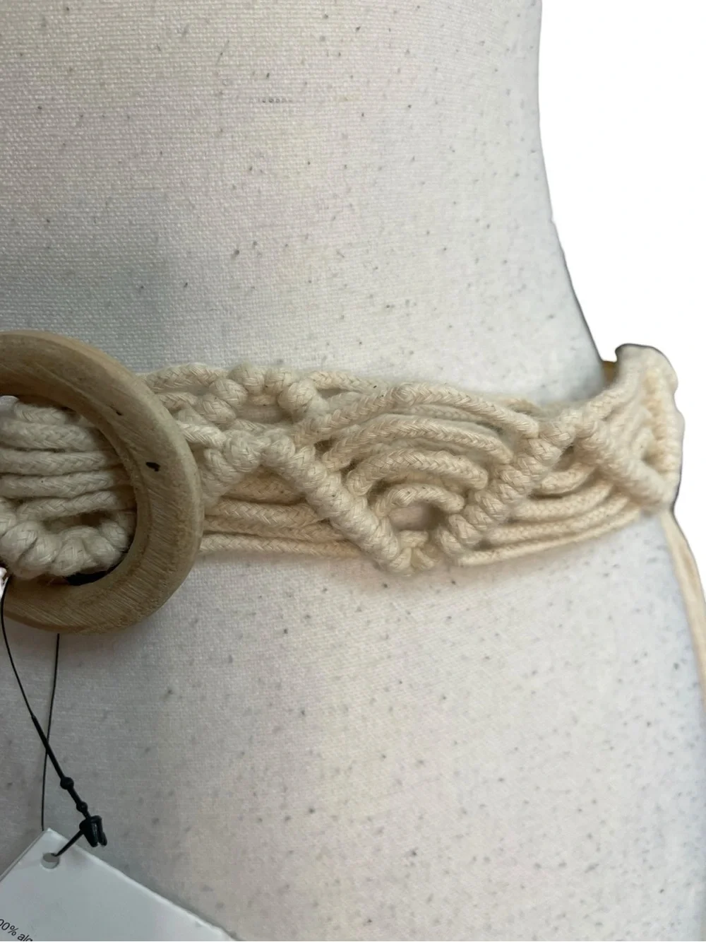 Zara Macrame Rope Belt with Wooden Buckle Cream